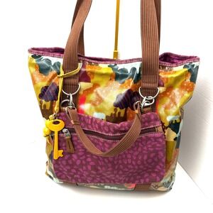 Fossil Key-Per Coated Canvas Tote Bag Multicolor Floral Tree Print Large Boho